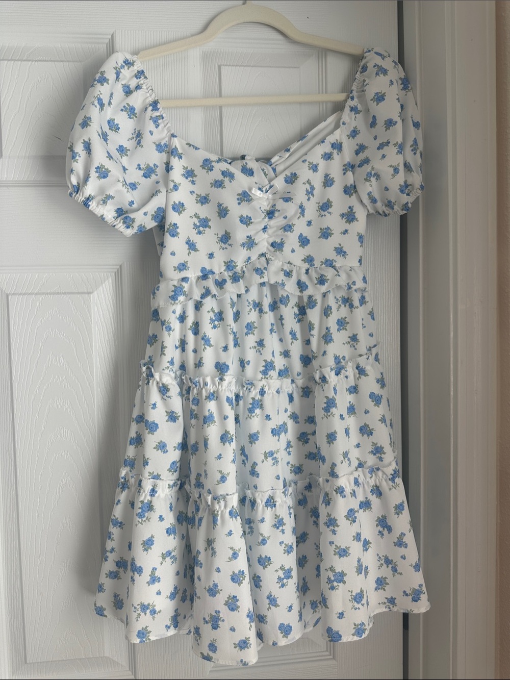 Altar'd State White Mini Dress with Blue Floral Print and Puff Sleeves